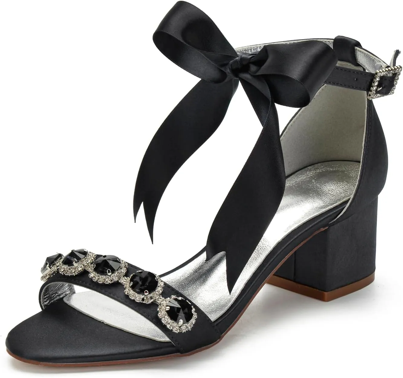 Women's Low Block Heels Sandals Peep Toe Chunky Ankle Strap Crystal Wedding Dress Shoes with Bow