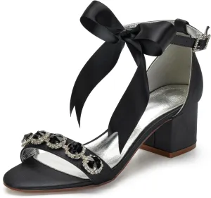 Women's Low Block Heels Sandals Peep Toe Chunky Ankle Strap Crystal Wedding Dress Shoes with Bow
