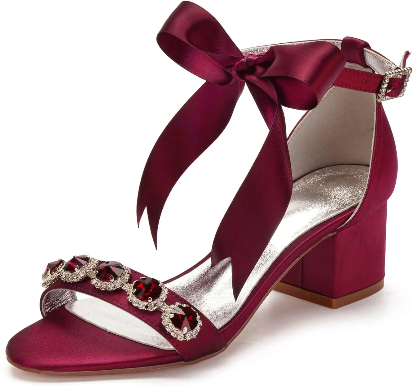 Women's Low Block Heels Sandals Peep Toe Chunky Ankle Strap Crystal Wedding Dress Shoes with Bow