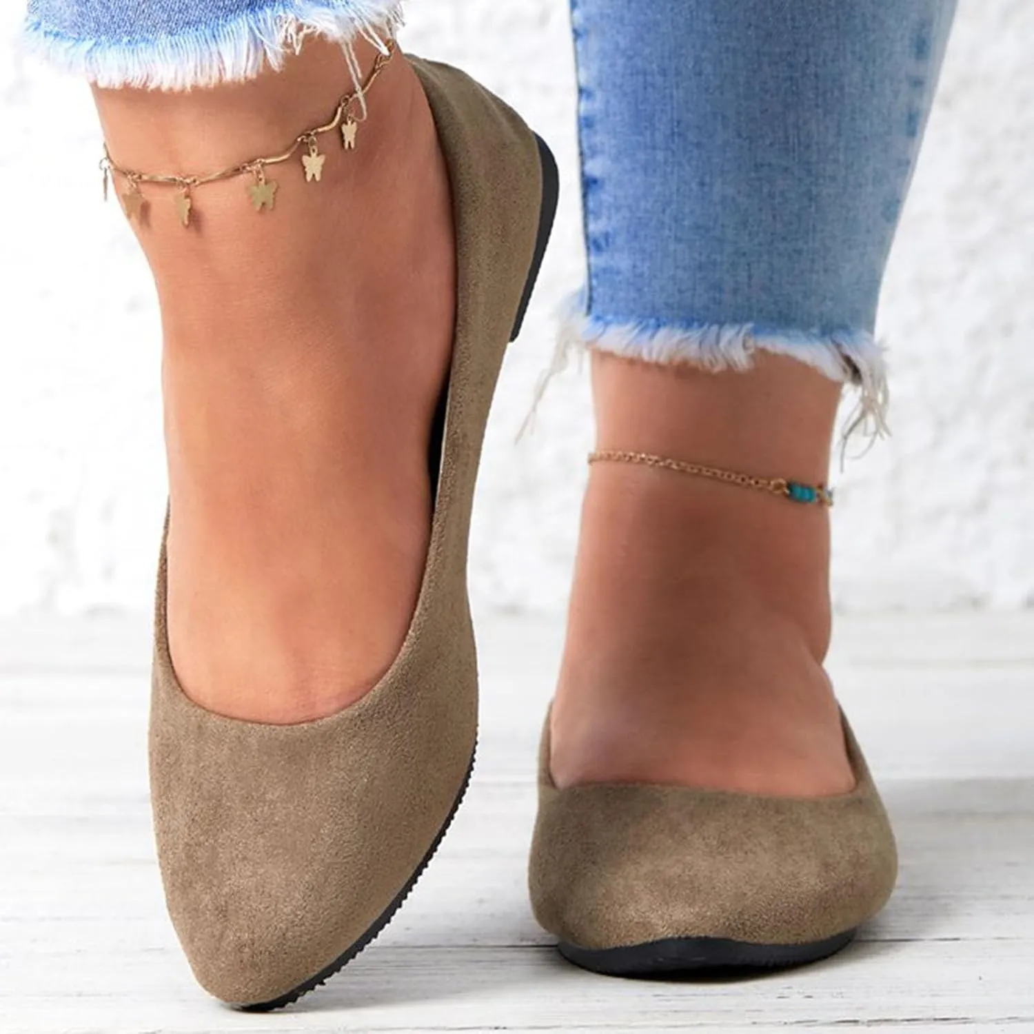 Women's Low Heel Pointed Toe Flat Shoes Comfortable Flat Shoes Casual Soft One Foot Stirrup Elegant Suede Flat Shoes