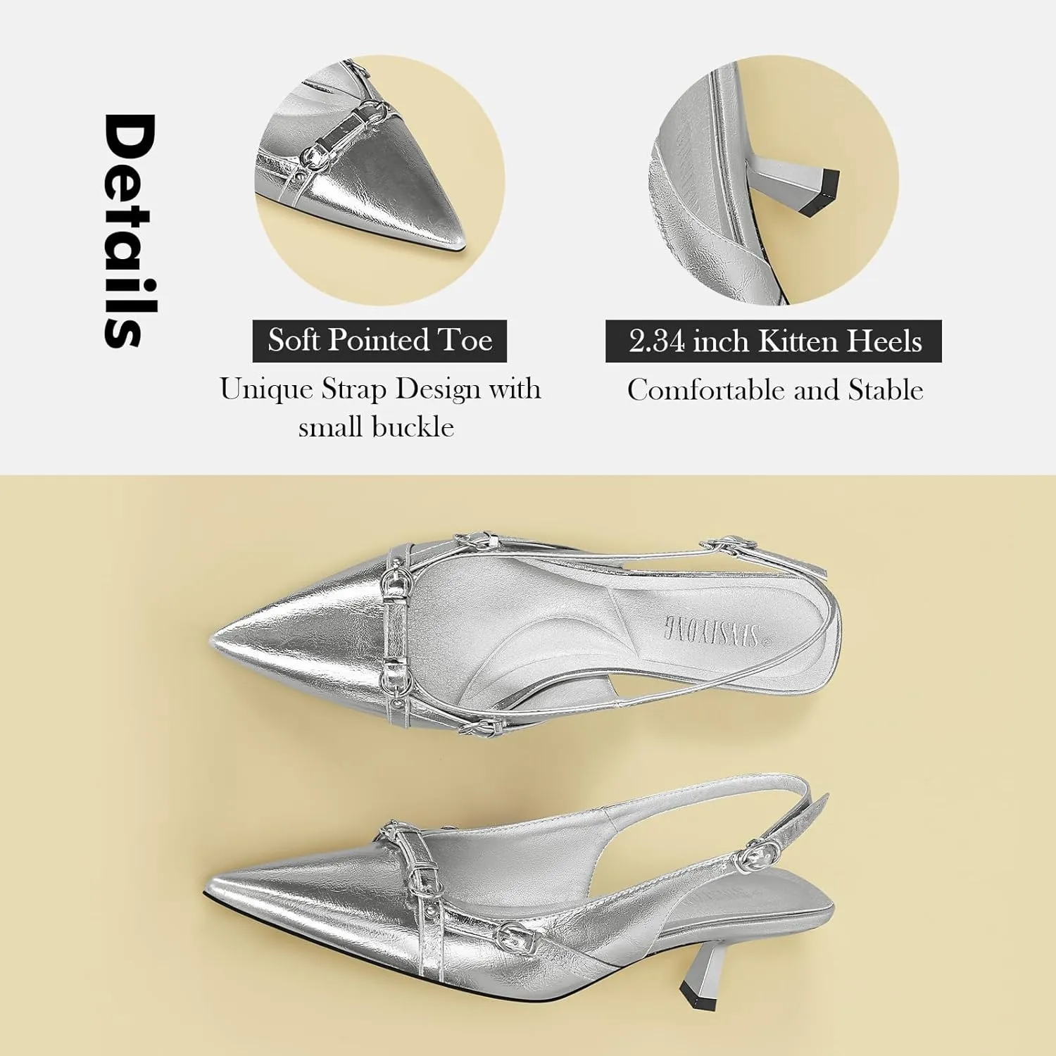 Women's Slingback Kitten Heels Pointed Toe Low Heel Pumps Comfortable Dress Office Shoes