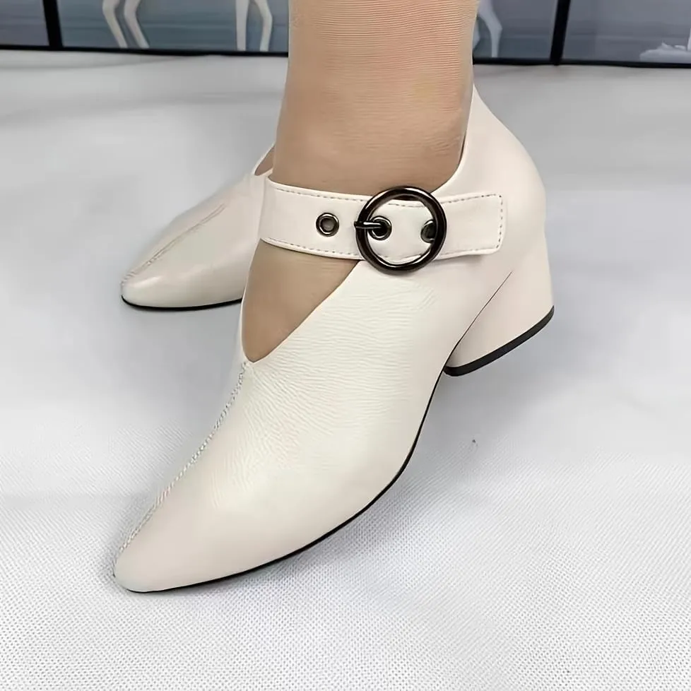 Women's Solid Color Fashion Shoes,Ankle Buckle Strap Comfortable Chunky Heel Daily Shoes,Versatile Pointed Toe Soft Sole Shoes