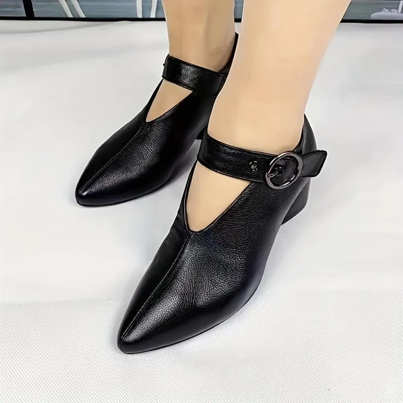 Women's Solid Color Fashion Shoes,Ankle Buckle Strap Comfortable Chunky Heel Daily Shoes,Versatile Pointed Toe Soft Sole Shoes