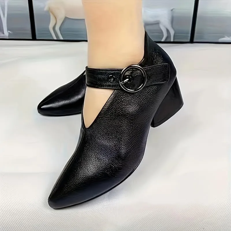 Women's Solid Color Fashion Shoes,Ankle Buckle Strap Comfortable Chunky Heel Daily Shoes,Versatile Pointed Toe Soft Sole Shoes