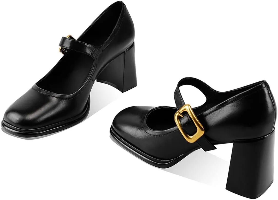 YDN Women Platform Square Toe Pumps Block Chunky High Heel Mary Janes Formal Dressy Dance Daily Shoes Size 4-15 US